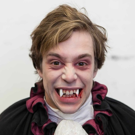 Tobi als Vampir verkleidet, dem das Blut aus dem Mund tropft. | Bild: megaherz