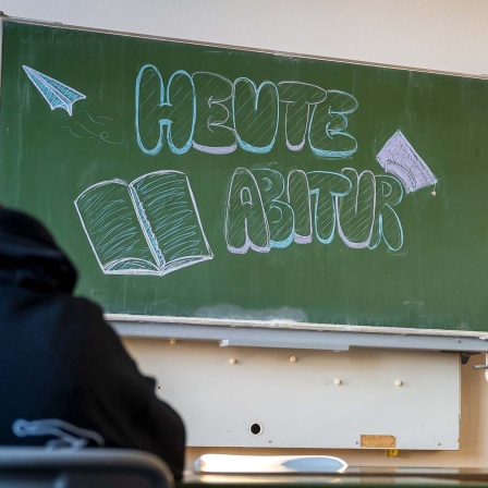 Symbolbild: Rückansicht von Schüler:innen vor einer Tafel, auf der "Heute Abitur" steht.