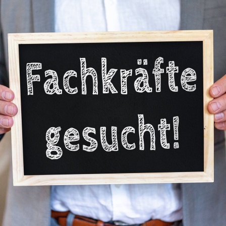 Mann hält ein Schuld mit der Aufschrift "Fachkräfte gesucht"