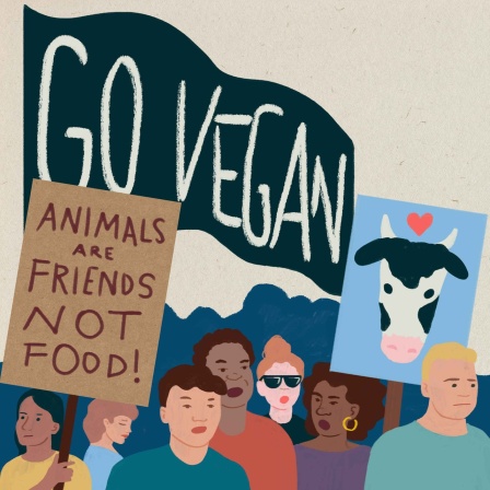 Zeichnung: Menschen mit Transparenten auf einer Go-Vegan-Demonstration
