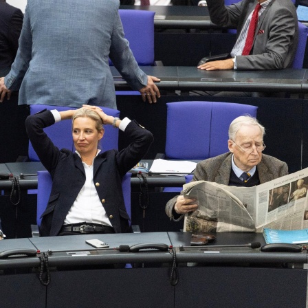 Die Vorsitzenden der rechtsextremen Partei AfD, Alice Weidel (Mitte), Tino Chrupalla (links) und der Ehrenvorsitzende Alexander Gauland (rechts) während der Wahl von Bundeskanzler Friedrich Merz im Bundestag am 6. Mai 2025 in Berlin.