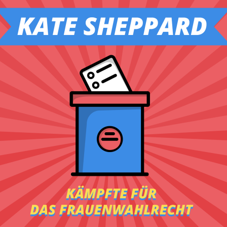 Episodenbild vom MDR TWEENS Podcast Magisches Mikro auf dem Wahlurne abgebildet ist und die Schrift "Kate Sheppard, kämpfte für das Frauenwahlrecht"