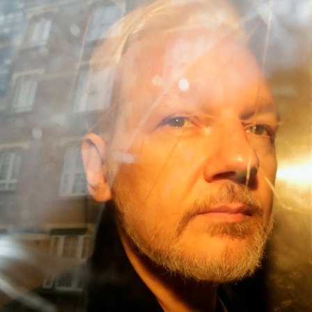 Das Beitragsbild des Dok5 "Collateral Fake?" zeigt Julian Assange auf dem Weg zum Gericht hinter der Fensterscheibe eines Autos 2019 in London.