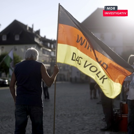 Ein Montagsdemonstrant von hinten mit einer Deutschland-Fahne mit Schriftzug "Wir sind das Volk"