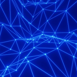 Eine abstrakte Animation eines komplexen Dreiecks-Netzwerkes in hellblau auf dunkelblauem Hintergrund