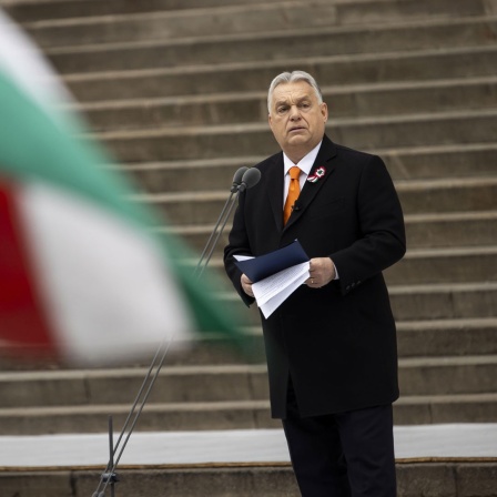 Der ungarische Ministerpräsident Viktor Orban steht neben einer ungarischen Flagge.