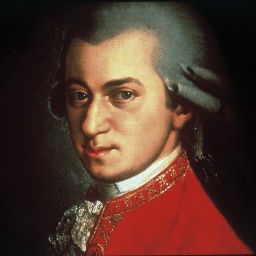 Ein Portät von Wolfgang Amadeus Mozart in rotem Jacket aus dem Jahr 1780