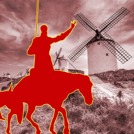 Sancho Panza und Don Quijote vor Windmühlen - Motiv für den ersten Teil des Kinderhörspiels nach Cervantes