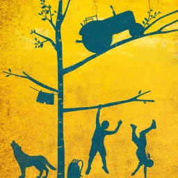 Zeichnung Titelbild "Kannawoniwasein": Ein blauer Baum vor gelbem Hintergrund, auf einem Ast balanciert ein Traktor, unten klettern ein Junge und ein Mädchen an den Ästen und ein Hund heult.