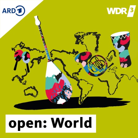 Illustration zu WDR 3 Open World: Viele bunte Instrumente und eine Weltkarte.