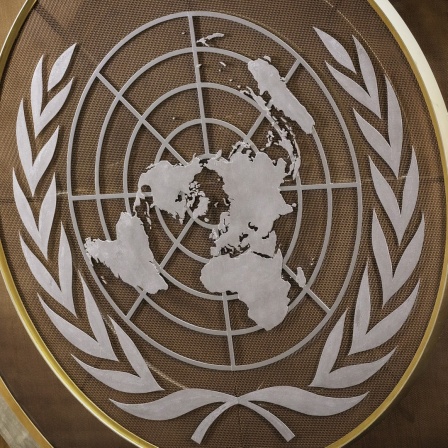 Logo der UN in Generalversammlung der Vereinten Nationen. Fotografiert im Auftrag des Auswärtigen Amtes.