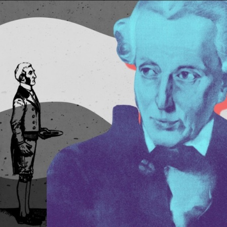 Das Gesicht von Immanuel Kant, davor steht klein sein Diener Martin Lampe