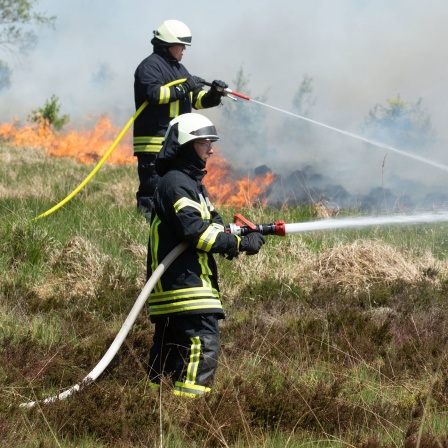 Feuerwehrleute bekämpfen Brände im Hohen Venn am 30.05.2023