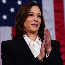 Vice President Kamala Harris applauds before President
Joe Biden delivers the State of the Union speech to a joint
session of Congress at the U.S. Capitol in Washington DC
on Thursday, March 7, 2024. Pool photo by Shawn
Thew/UPI