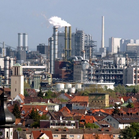 Blick über das Chemiewerk von BASF in Ludwigshafen, April 2002