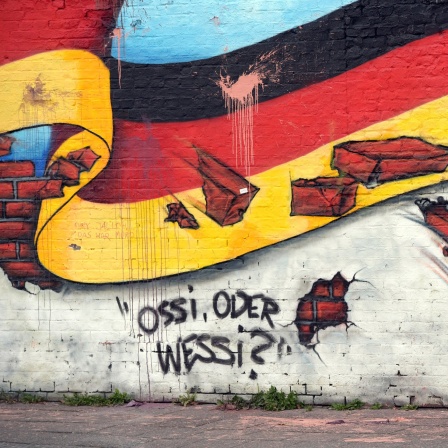 Wandbild in Berlin 2015 mit der deutschen Nationalflagge und dem Schriftzug &#034;Ossi oder Wessi?&#034;