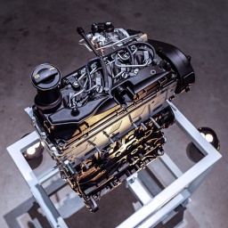 Ein Motorblock steht als Ausstellungsstück in einem Raum.