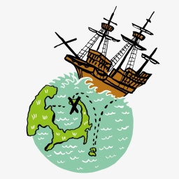 Zeichnung zeigt die "Mayflower" auf einem stilisierten Globus