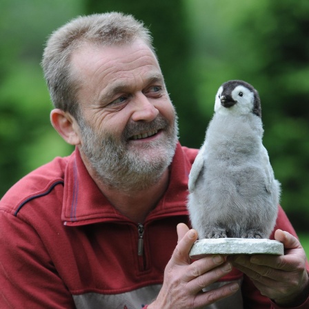 Pinguinforscher Klemens Pütz mit dem ausgestopften Küken eines Kaiserpinguins, das er tot gefunden hatte. 