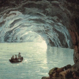 Eine gemalte mit Wasser gefüllte Höhle, in der ein Ruderboot fährt. 