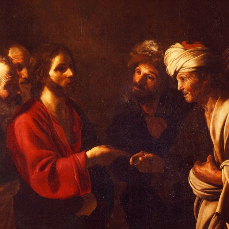 Das Gemälde "Der Zinsgroschen" von Bartolomeo Manfredi (1582 - 1622): Die Pharisäer versuchen, Jesus eine Falle zu stellen. Florenz, Galleria degli Uffizi. 