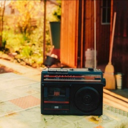 Ein Radio auf einem Gartentisch