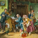Johann Sebastian Bach im Kreise seiner Familie' (Bach mit seiner Familie bei der Morgenandacht). Lichtdruck, spaetere Kolorierung, nach dem Gemaelde, 1870, von Toby Edward Rosenthal