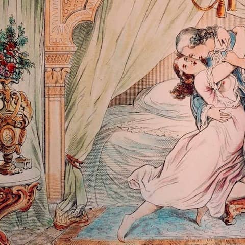 Illustration aus den Memoiren des Giacomo Casanova (Paar eng umschlungen vor einem Bett)