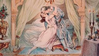 Illustration aus den Memoiren des Giacomo Casanova (Paar eng umschlungen vor einem Bett)