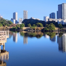 Ein Park spiegelt sich im Wasser in Tokyo, dahinter ist die Skyline der Stadt zu sehen