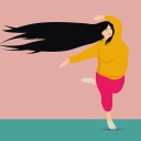 Illustration: Plus Size Frau mit langen Haaren tanzt.