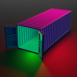 3D-Illustration eines isolierten Schiffcontainers in Neon-Farben mit offenen Türen vor schwarzem Hintergrund