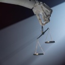Grafik einer Roboterhand, die eine goldene Waage hält.