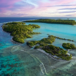 Luftaufnahme einer unbewohnten Insel und Lagune am Südpass, Südkanal, Fakarava-Atoll, Tuamoto-Archipel, Tahiti