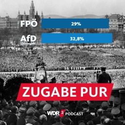 Satirische Fotomontage: Foto einer Hitler-Kundgebung auf dem Wiener Heldenplatz mit blauen Prozentbalken der Ergebnisse von AfD und FPÖ