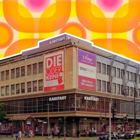 Galeria am Hermannplatz in Berlin ist zu sehen. Wir schauen auf die Ecke, wodurch das geradlinige Form des Gebäudes betont wird. Die Filiale ist ausgeschnitten und vor einen Hintergrund gelegt, der an eine Retro-Tapete aus den 70ern erinnert.