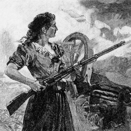 Holzstich "Die Kommunistin" von 1898, zu sehen ist eine Frau der Pariser Kommune mit Gewehr.
