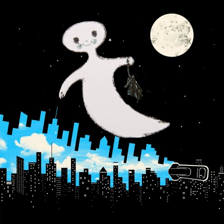 Illustration: Das kleine Gespenst fliegt mit Schlüsselbund in der Hand vor einem schwarzen Nachthimmel.