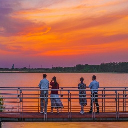Vier Menschen schauen von einer Brücke in den Sonnenuntergang.