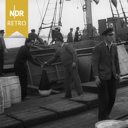 Fischkutter mit Mannschaft und Bojen an Deck, 1953.
