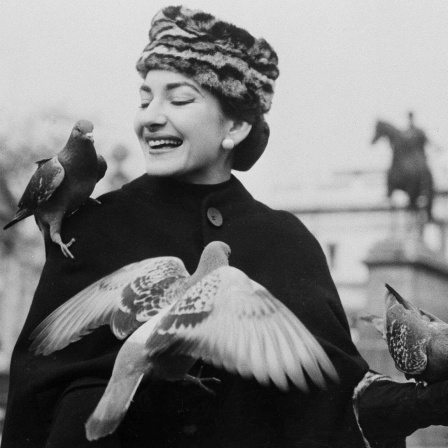 Opernsängerin Maria Callas 1957 mit Tauben auf den Armen vor dem Royal Opera House in London (Archivbild)