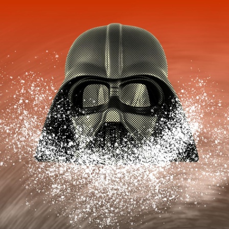 Collage einer Darth Vader Maske vor der weißer Staub, der an pulverige Drogen erinnert, schwebt.