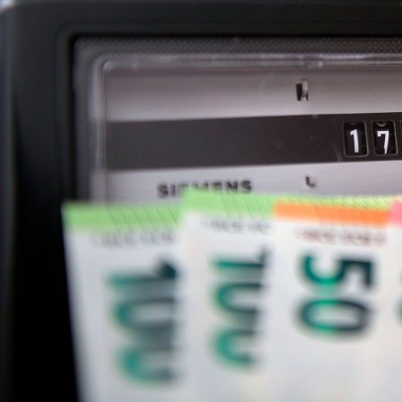 Euro-Geldschein werden vor einem Stromzähler im Privathaushalt gehalten.