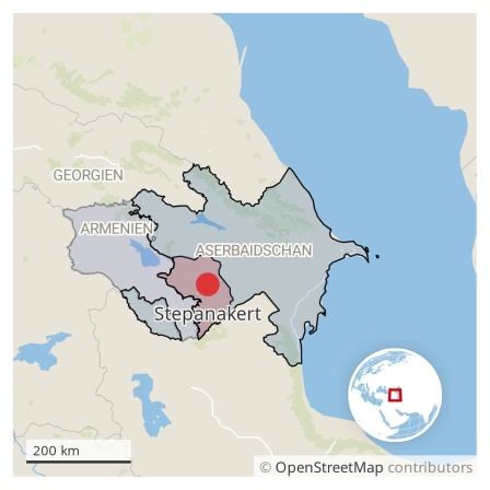 Landkarte: Die Unruheregion Berg-Karabach liegt zwischen Armenien und Aserbaidschan – beide Länder sind miteinander verfeindet.