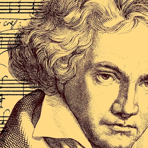 Notenhandschrift und Portrait von Ludwig van Beethoven
