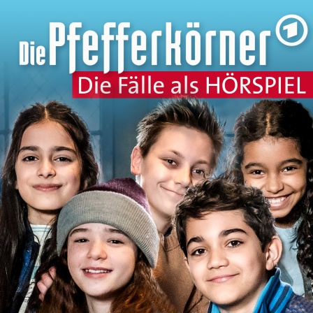 Fünf Kinder lächeln in einer Gruppe, vor einem Fenster mit Gitter. Oben steht der Titel „Die Pfefferkörner – Die Fälle als Hörspiel“.