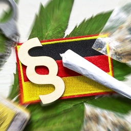 Symbolbild: Joint, Paragrafenzeichen und Deutschland-Fahne auf Cannabis-Blatt mit Handschellen