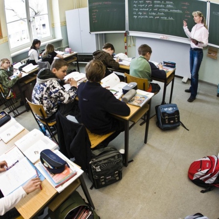 Eine Lehrerin unterrichetet vor einer Schulklasse.