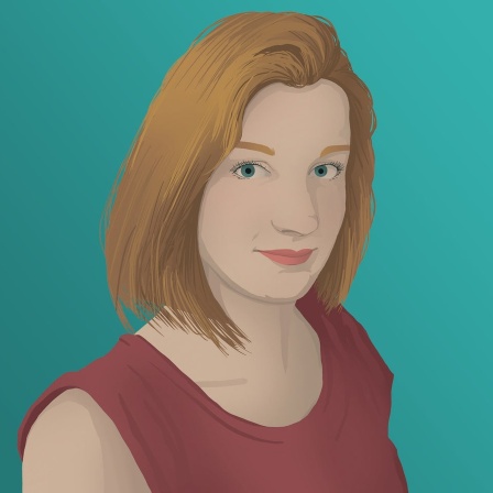 Die Illustration zeigt eine junge Frau mit nackenlangen Haaren und einem dunkelroten Shirt.