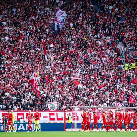 Die Spieler des SC Freiburg stehen nach dem Spiel bei den Fans.